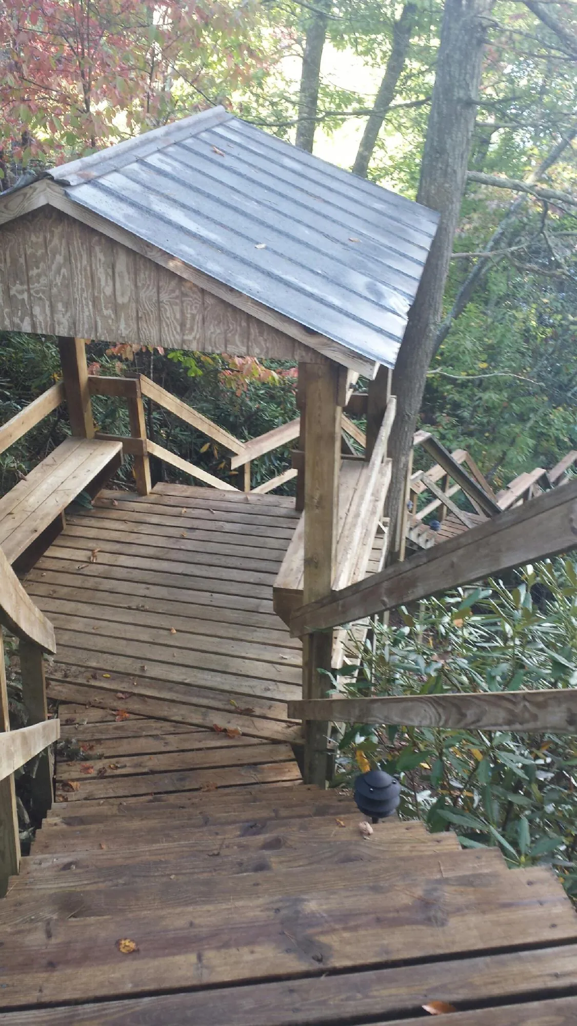 Metal roofed shelter over wooden steps on a wooded walkway — Skylight Repair & Installation work by our crew in Manteo